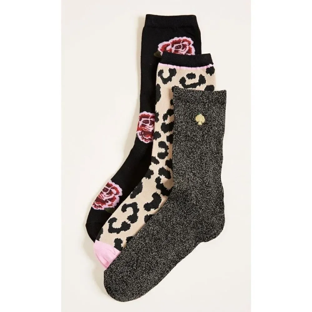 Kate Spade Crew Socks 3 Pairs Leopard Cheetah Rose Flowers Shimmer Sparkle OS
